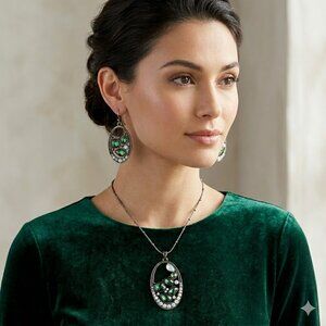 Pewter and Green Rhinestone Necklace Set